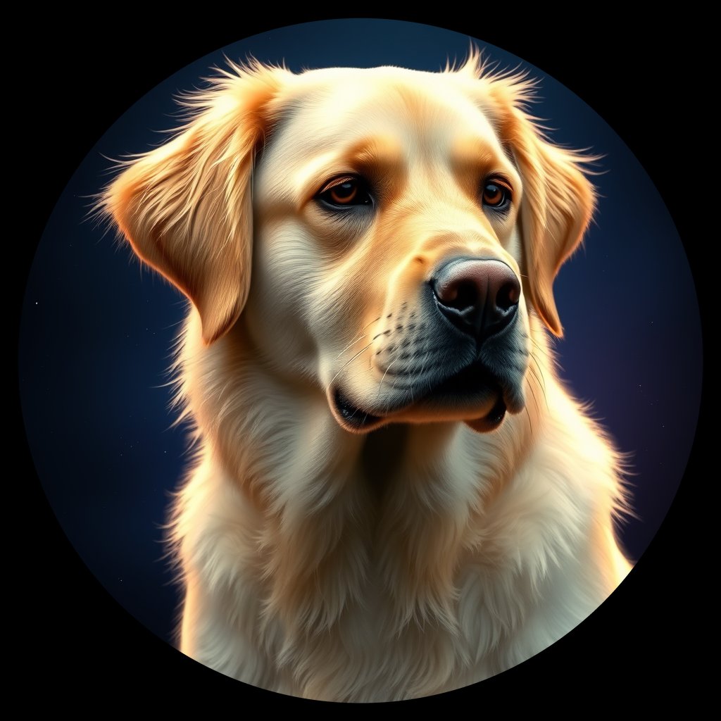 Cosmic medallion portrait of PILOT_grlsQMD74QDD, a Golden Retriever
