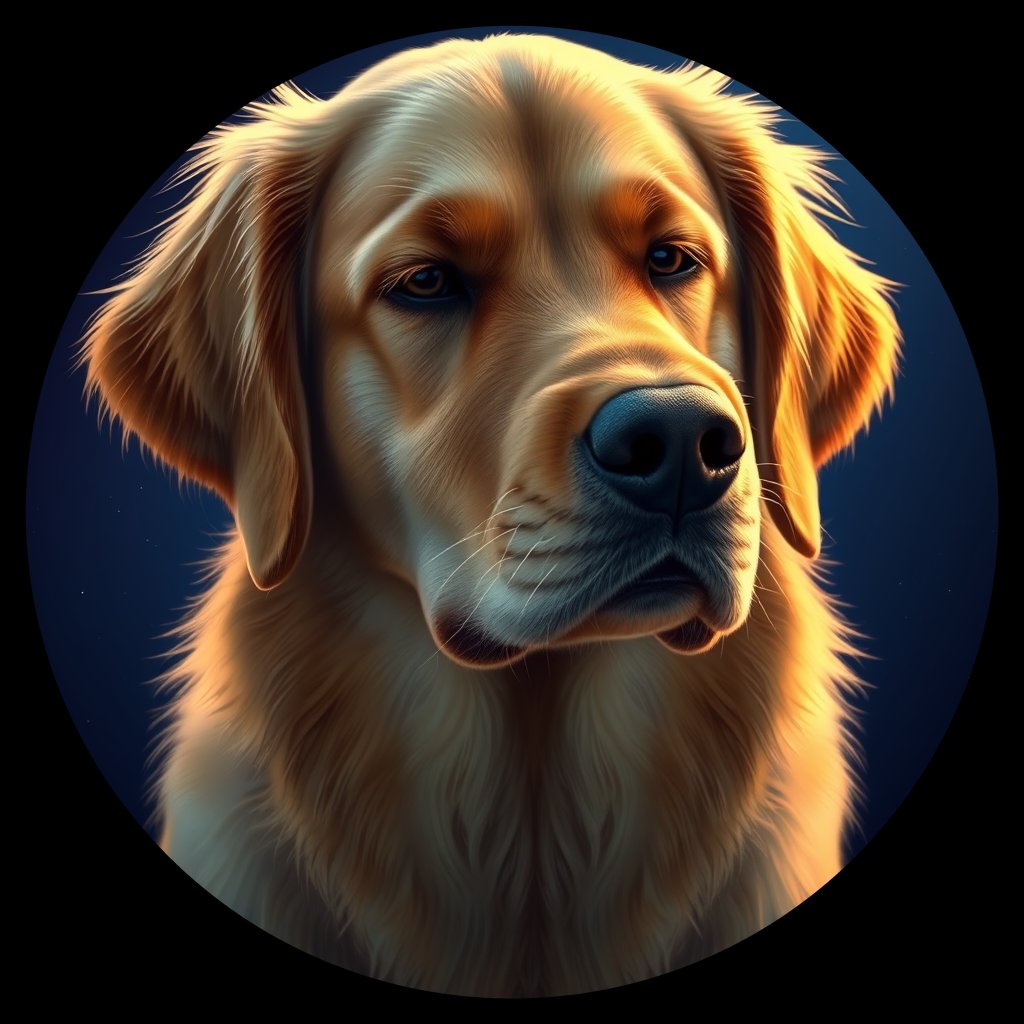 Cosmic medallion portrait of PILOT_grlsR2SKA700, a Golden Retriever