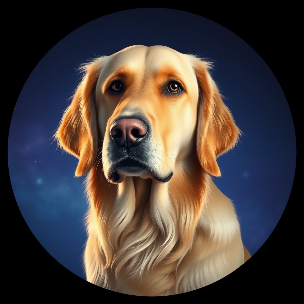 Cosmic medallion portrait of PILOT_grlsRNHML3MM, a Golden Retriever