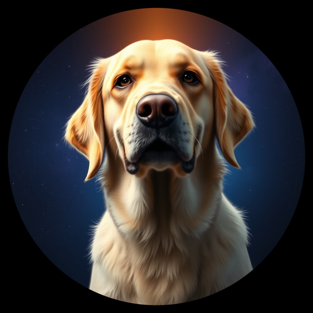 Cosmic medallion portrait of PILOT_grlsRQDEUU, a Golden Retriever