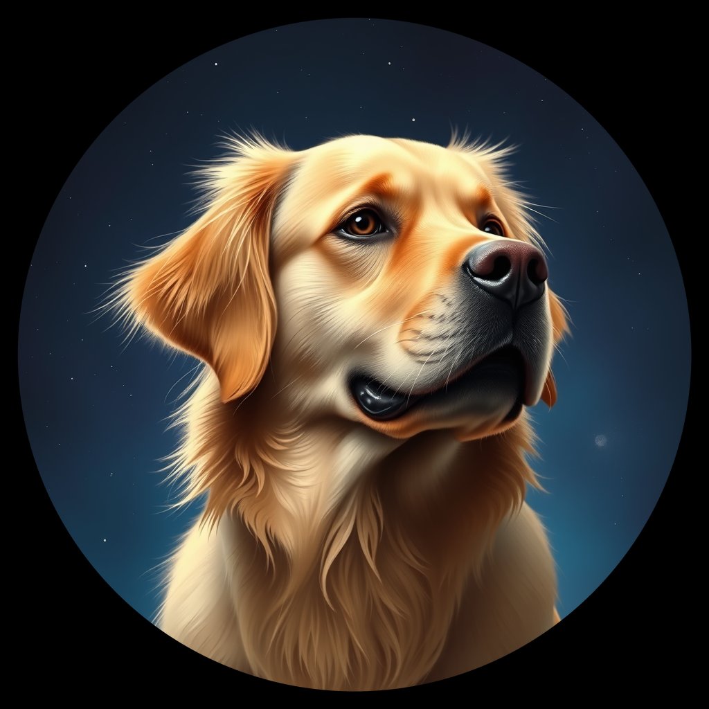 Cosmic medallion portrait of PILOT_grlsRSZJDOMM, a Golden Retriever