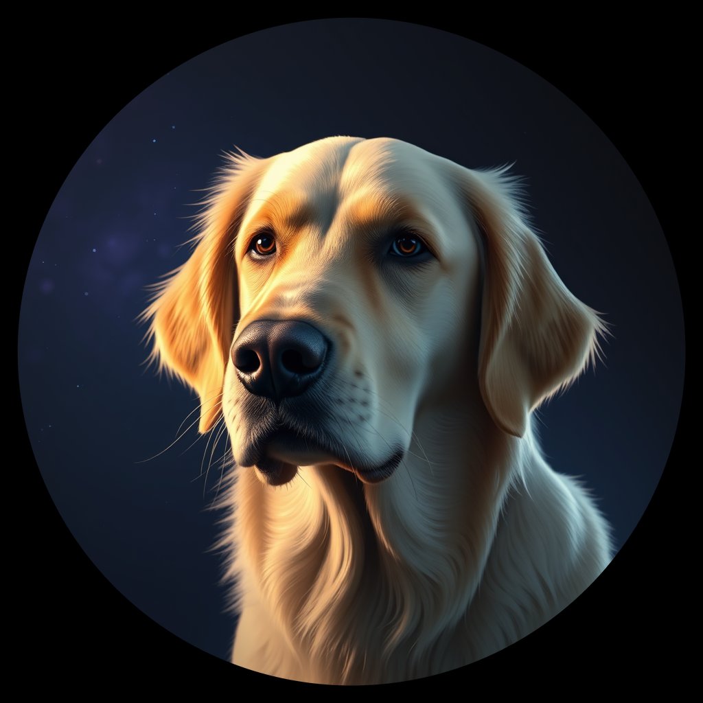 Cosmic medallion portrait of PILOT_grlsRXEQPLQQ, a Golden Retriever