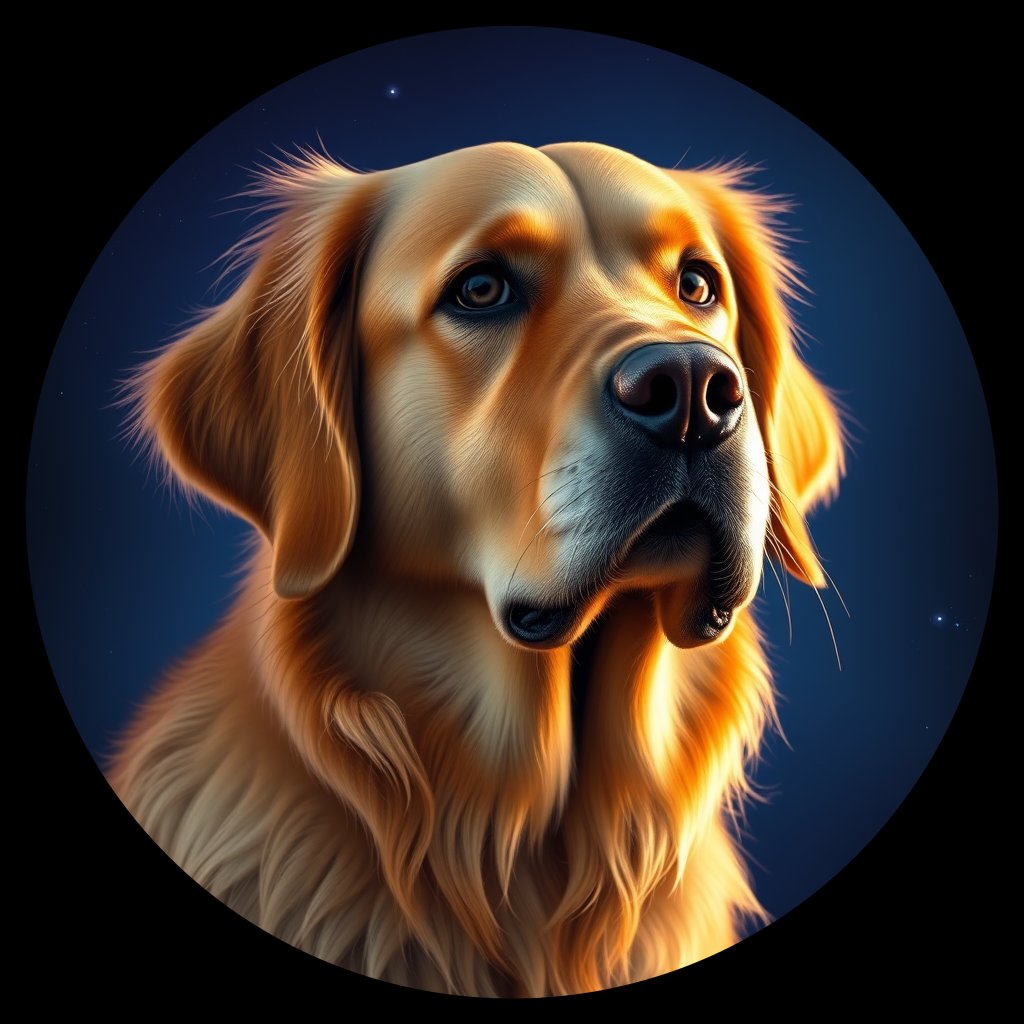 Cosmic medallion portrait of PILOT_grlsS5MPFKJJ, a Golden Retriever