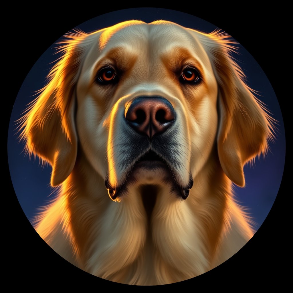 Cosmic medallion portrait of PILOT_grlsSBR1O1DD, a Golden Retriever