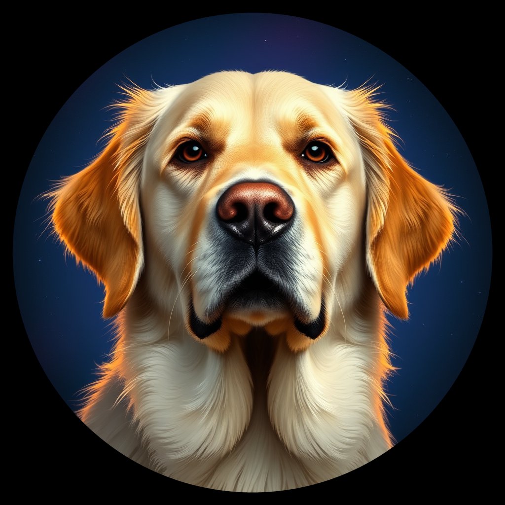 Cosmic medallion portrait of PILOT_grlsT1SJRZOO, a Golden Retriever