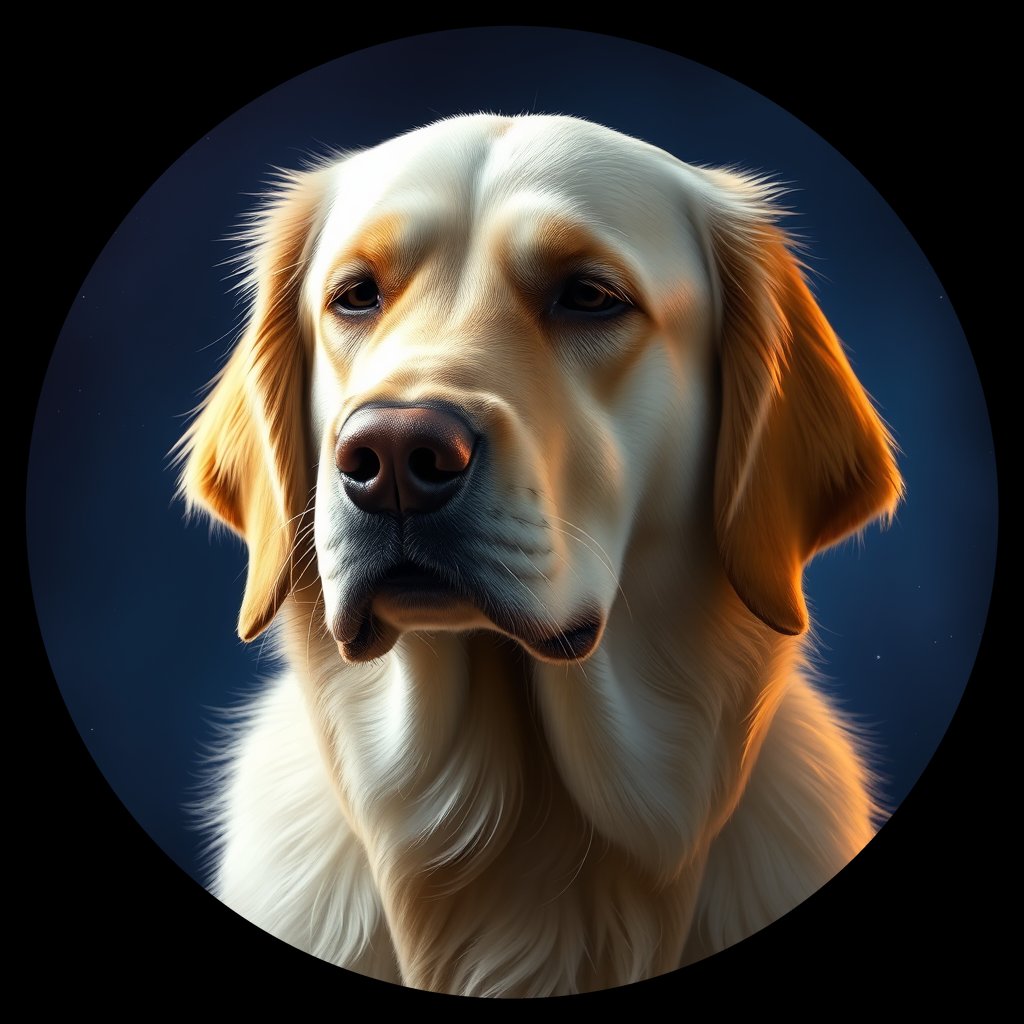 Cosmic medallion portrait of PILOT_grlsT6VMODPP, a Golden Retriever