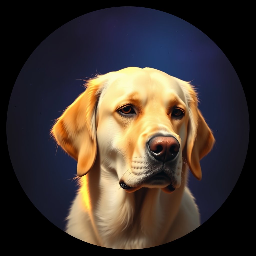 Cosmic medallion portrait of PILOT_grlsTETO34MM, a Golden Retriever