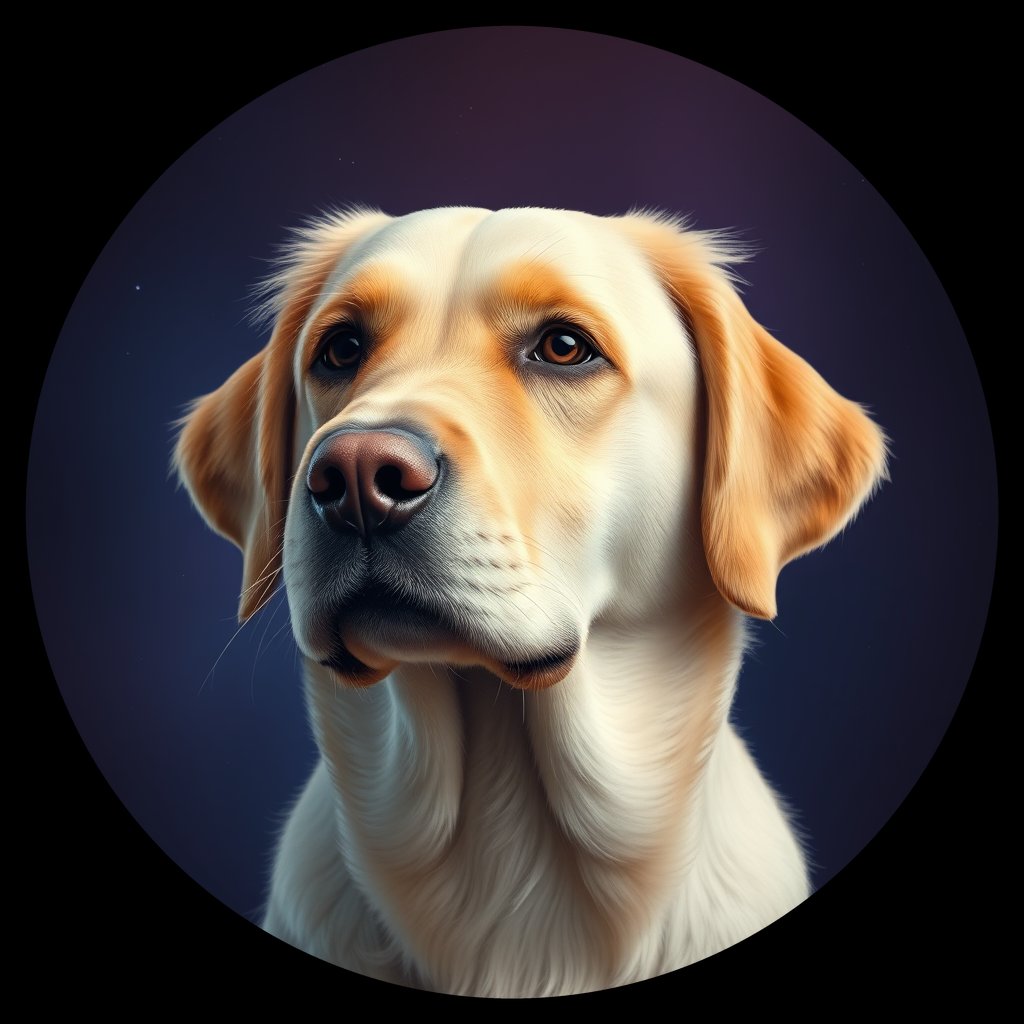 Cosmic medallion portrait of PILOT_grlsUCM55K00, a Golden Retriever