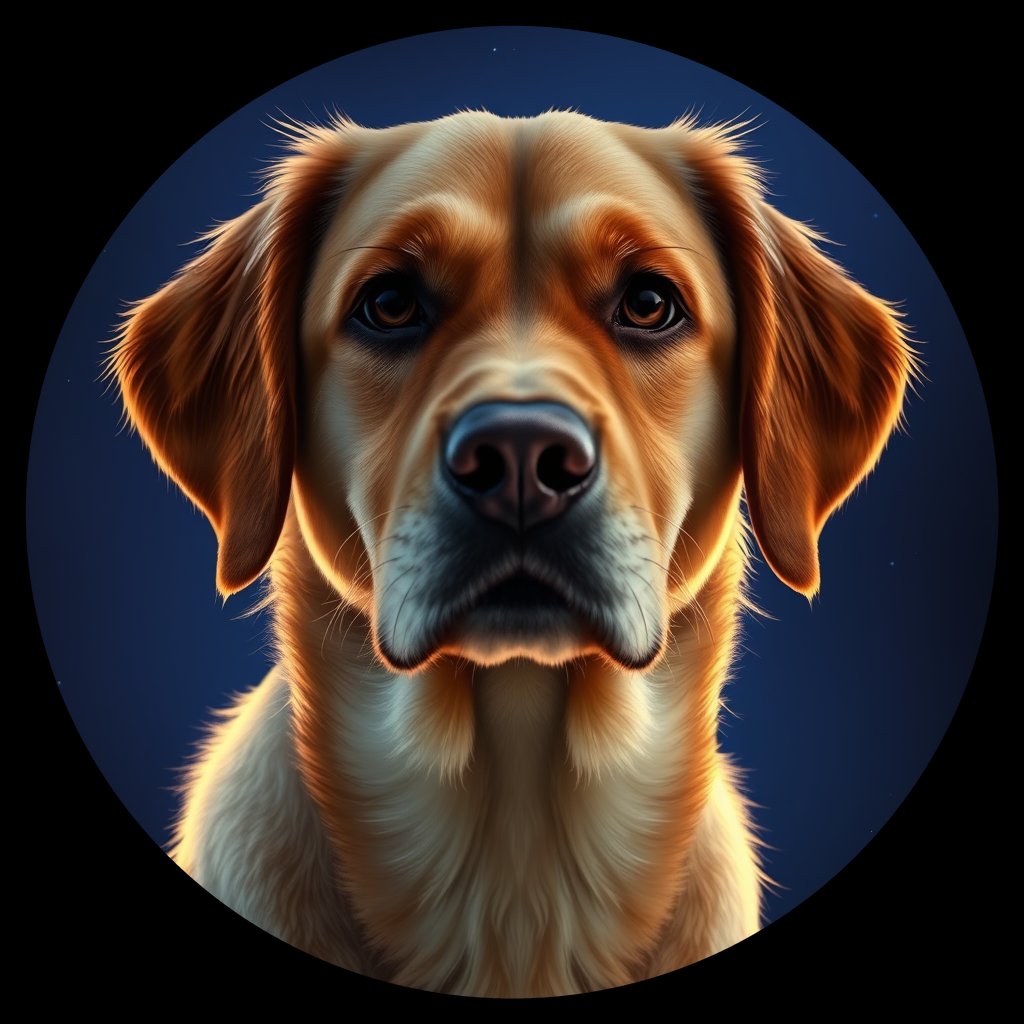 Cosmic medallion portrait of PILOT_grlsUKVTVHBB, a Golden Retriever