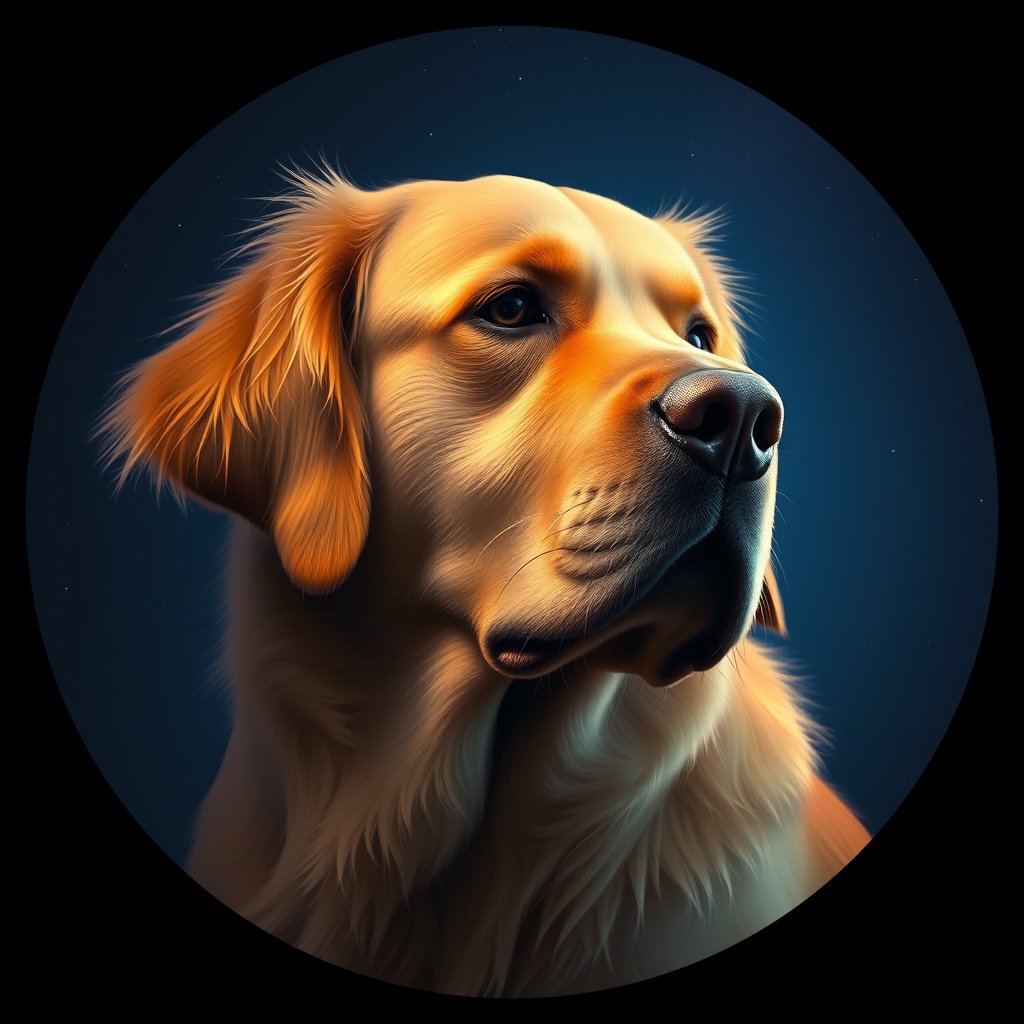Cosmic medallion portrait of PILOT_grlsV4JGVURR, a Golden Retriever