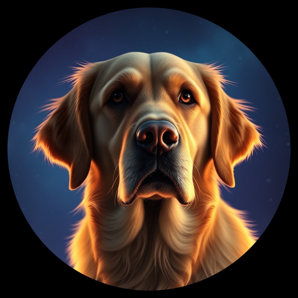 Cosmic medallion portrait of PILOT_grlsV9GCGP33, a Golden Retriever
