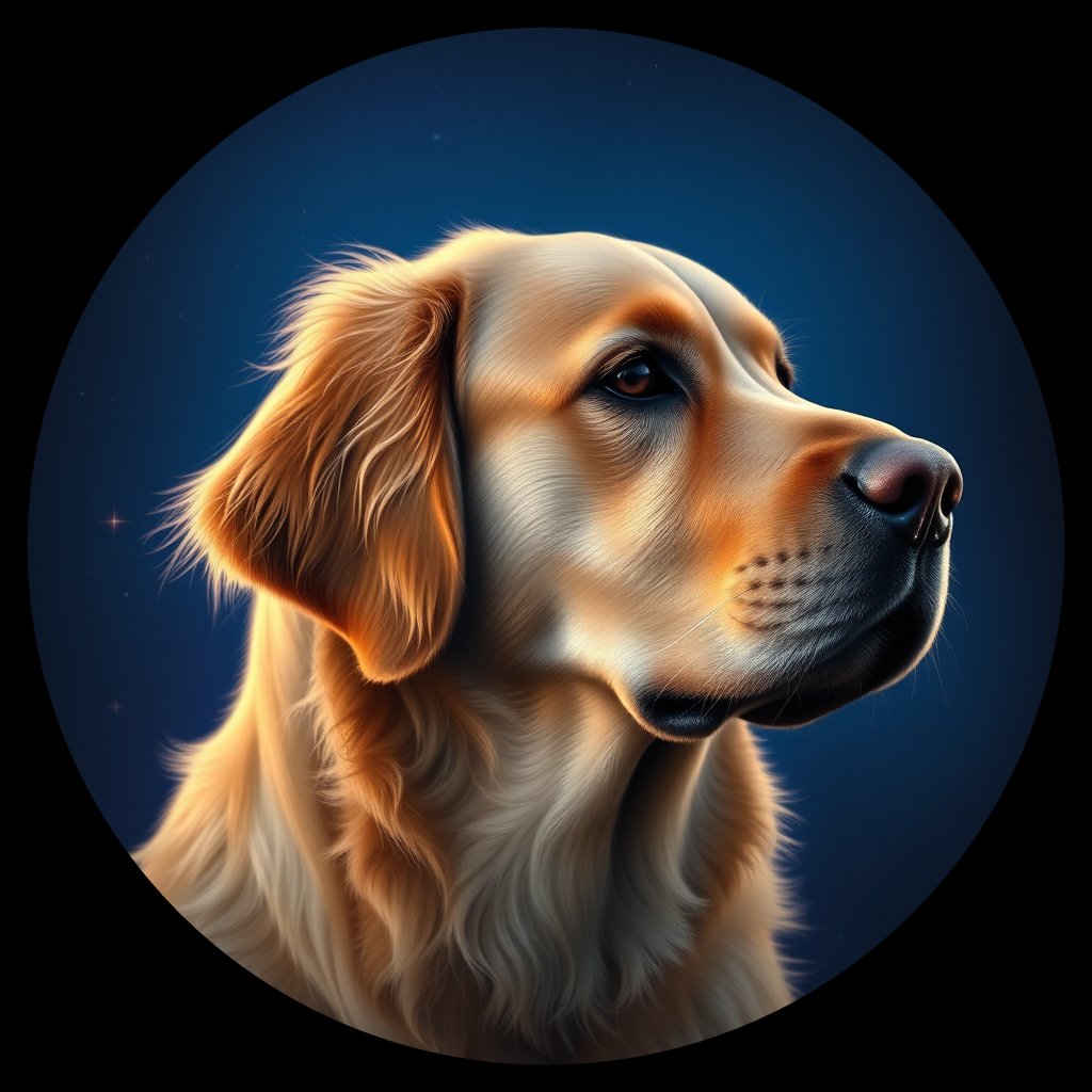 Cosmic medallion portrait of PILOT_grlsX9JH2611, a Golden Retriever