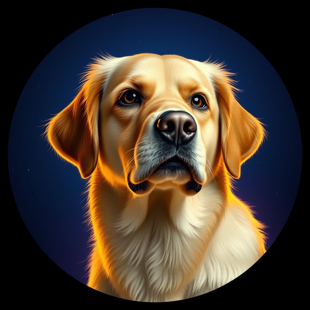 Cosmic medallion portrait of PILOT_grlsXC5ZPDXX, a Golden Retriever
