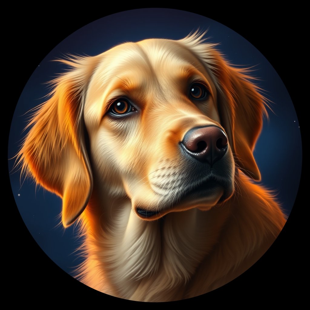 Cosmic medallion portrait of PILOT_grlsXI5Q71FF, a Golden Retriever