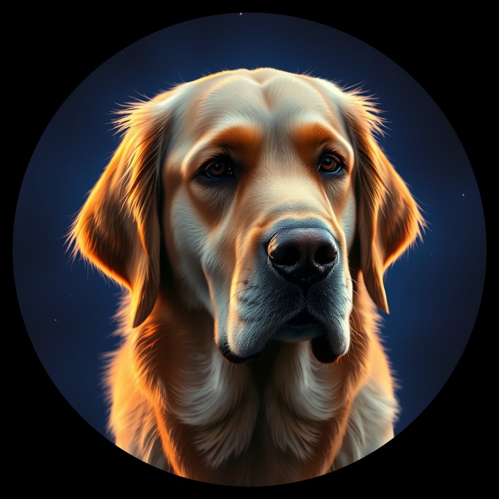 Cosmic medallion portrait of PILOT_grlsXIMHBKPP, a Golden Retriever