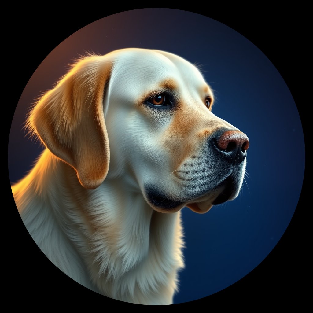 Cosmic medallion portrait of PILOT_grlsXRMCGIKK, a Golden Retriever