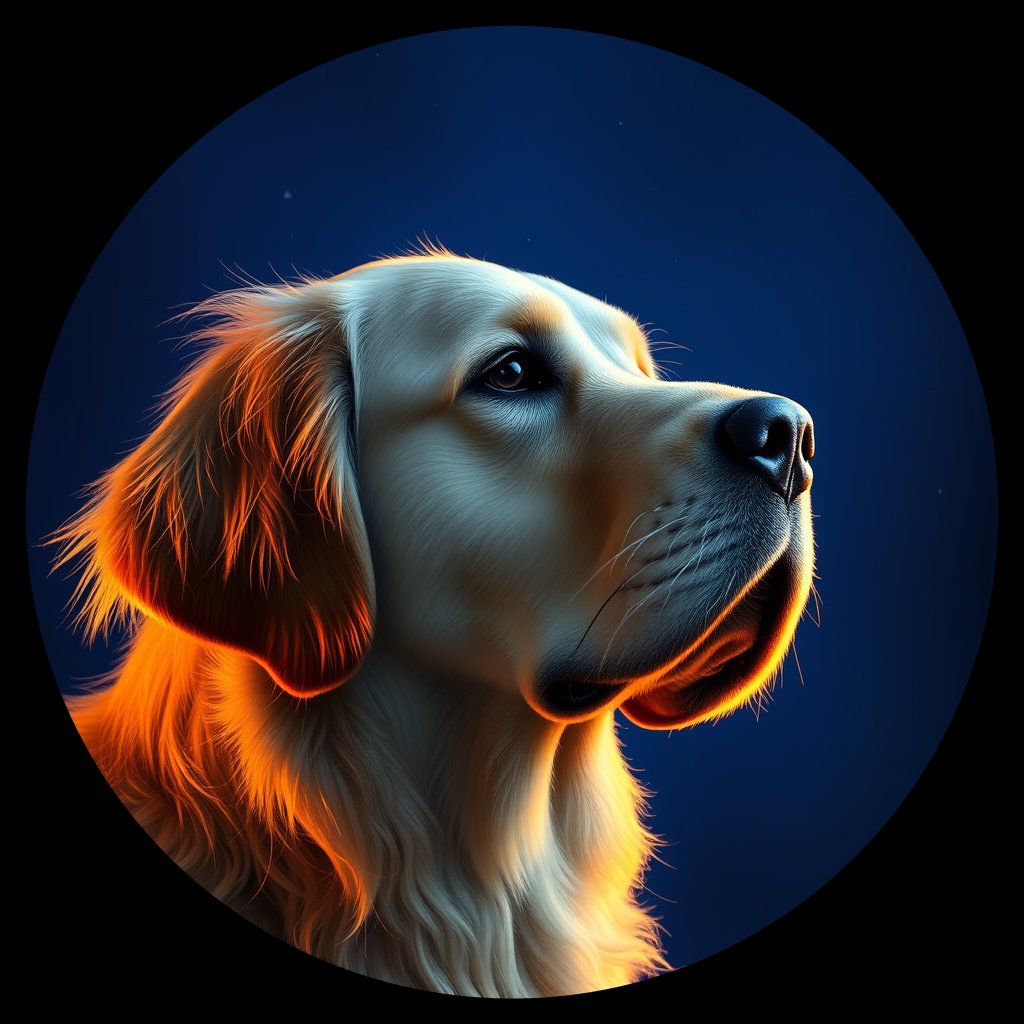 Cosmic medallion portrait of PILOT_grlsYOGRGNWW, a Golden Retriever