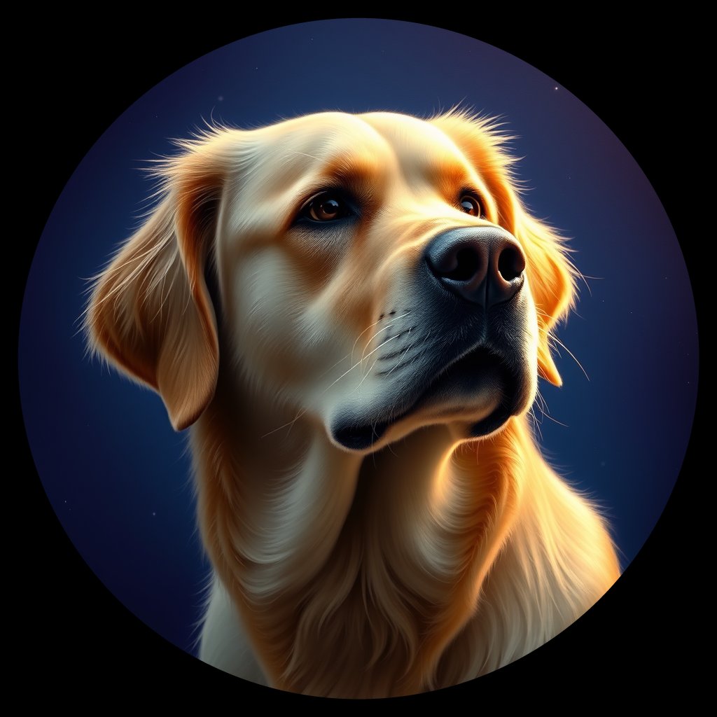 Cosmic medallion portrait of PILOT_grlsZ34975II, a Golden Retriever