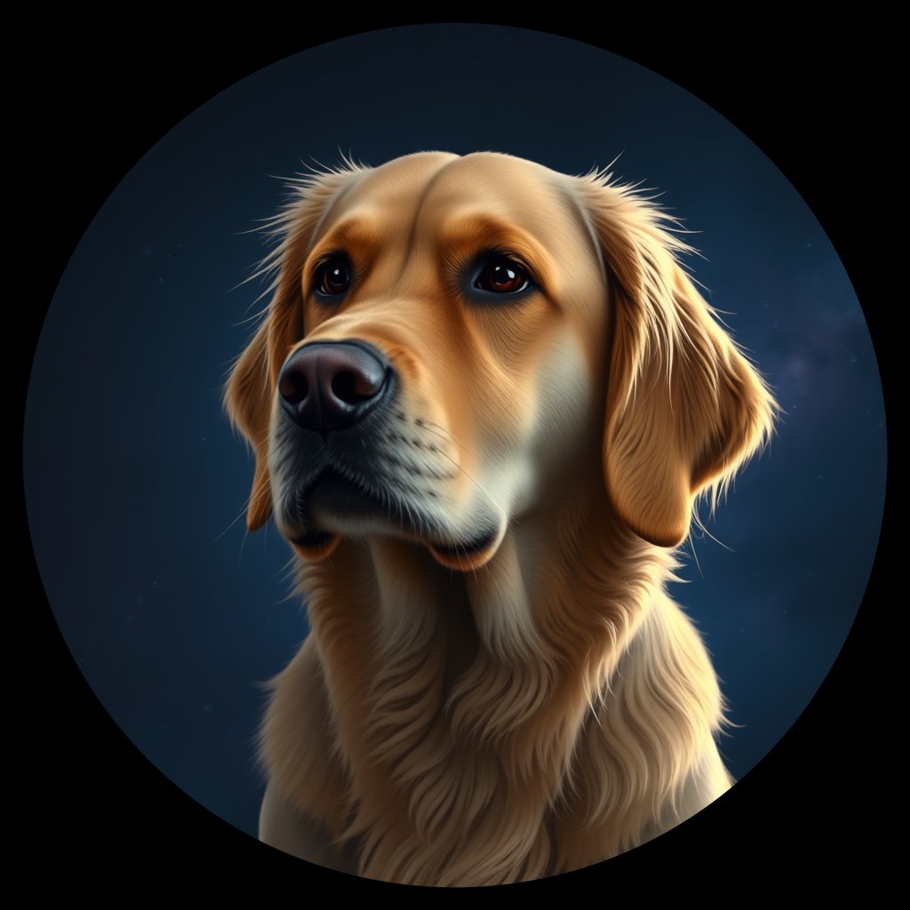 Cosmic medallion portrait of PILOT_grlsZ941ZF66, a Golden Retriever