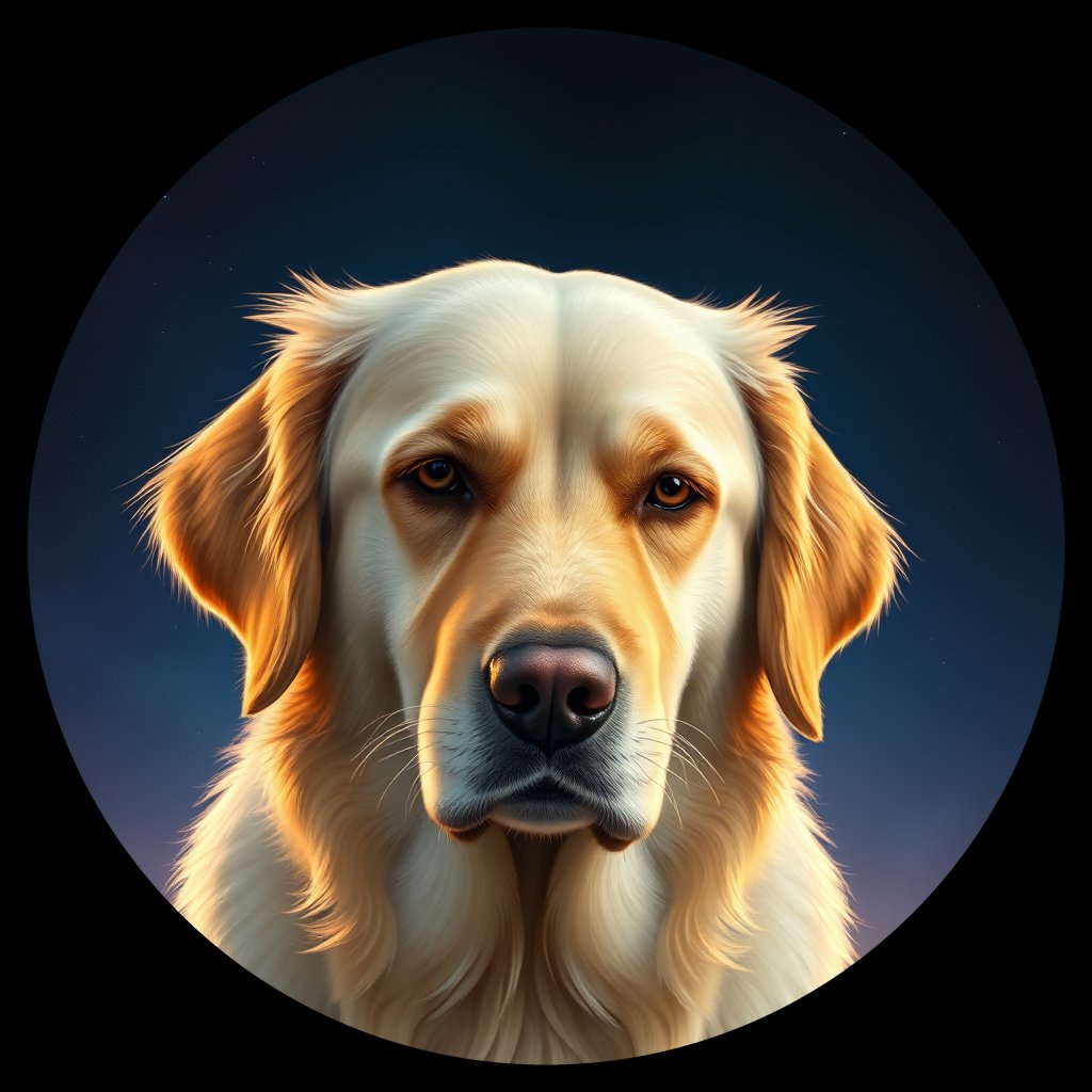 Cosmic medallion portrait of PILOT_grlsZRG6Q0TT, a Golden Retriever