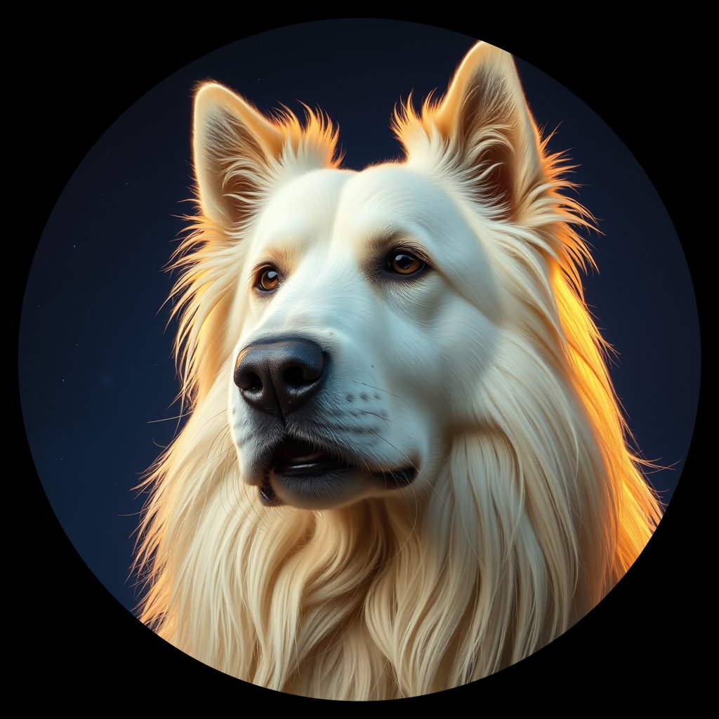 Cosmic medallion portrait of POL_POL_3PL, a Polish Lowland Sheepdog