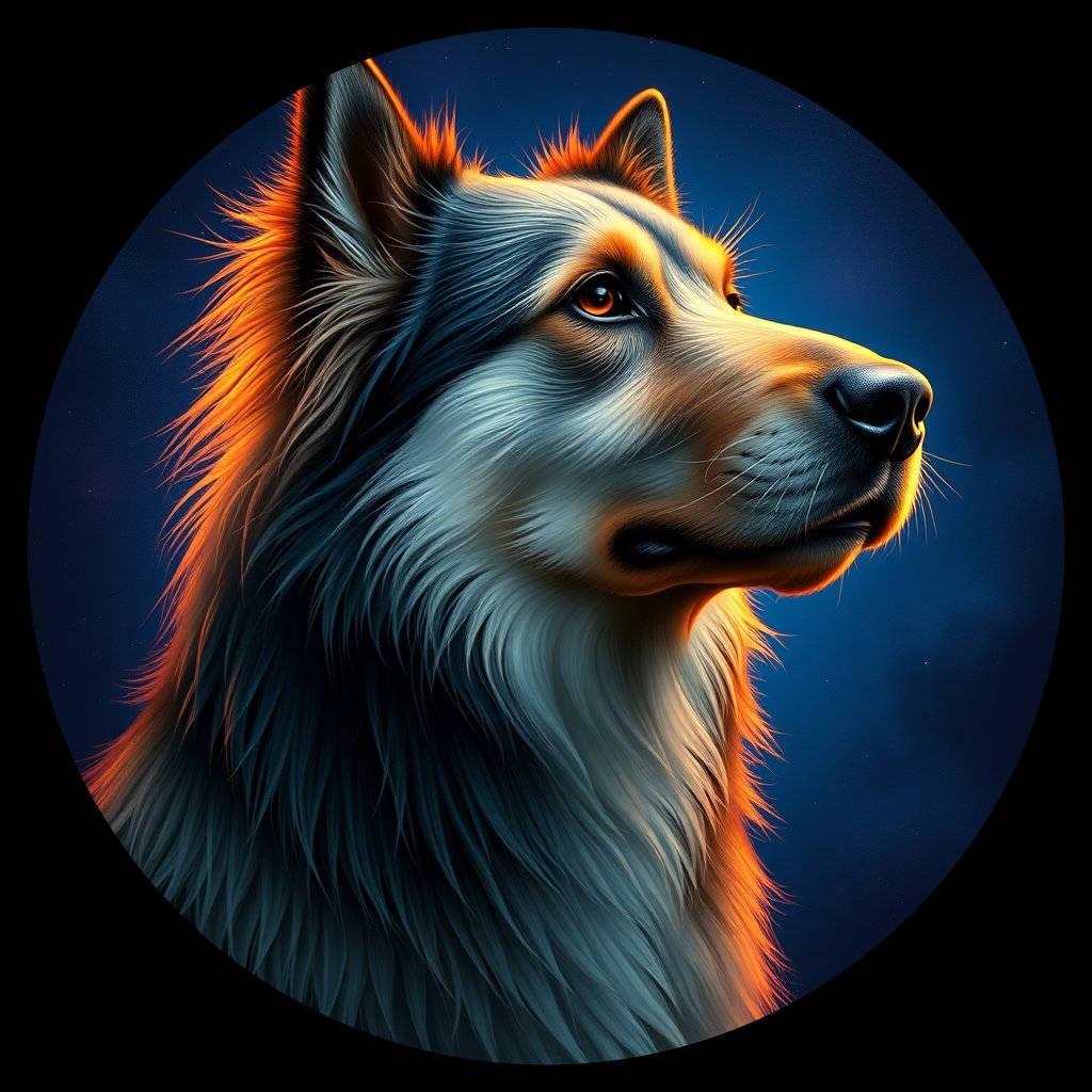 Cosmic medallion portrait of POL_POL_5PL, a Polish Lowland Sheepdog