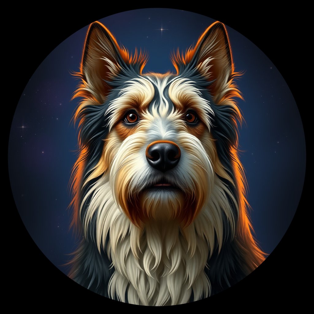 Cosmic medallion portrait of POL_POL_8PL, a Polish Lowland Sheepdog