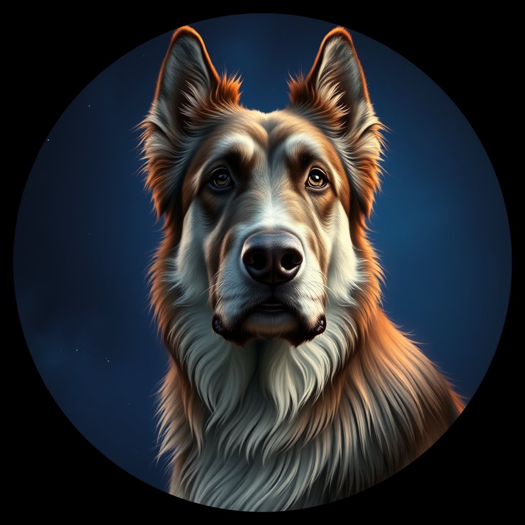 Cosmic medallion portrait of POL_POL_9PL, a Polish Lowland Sheepdog