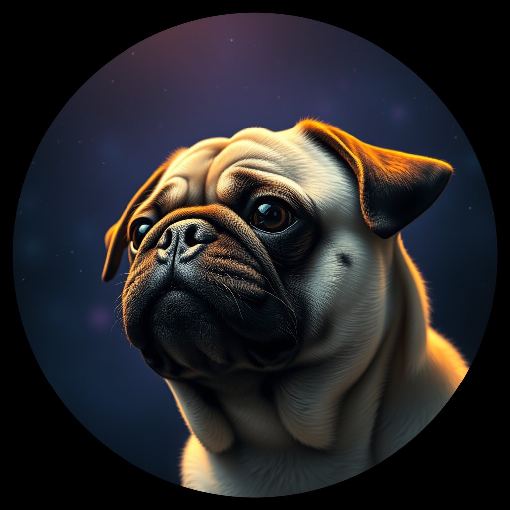 Cosmic medallion portrait of PUG_PUG_001027, a Pug