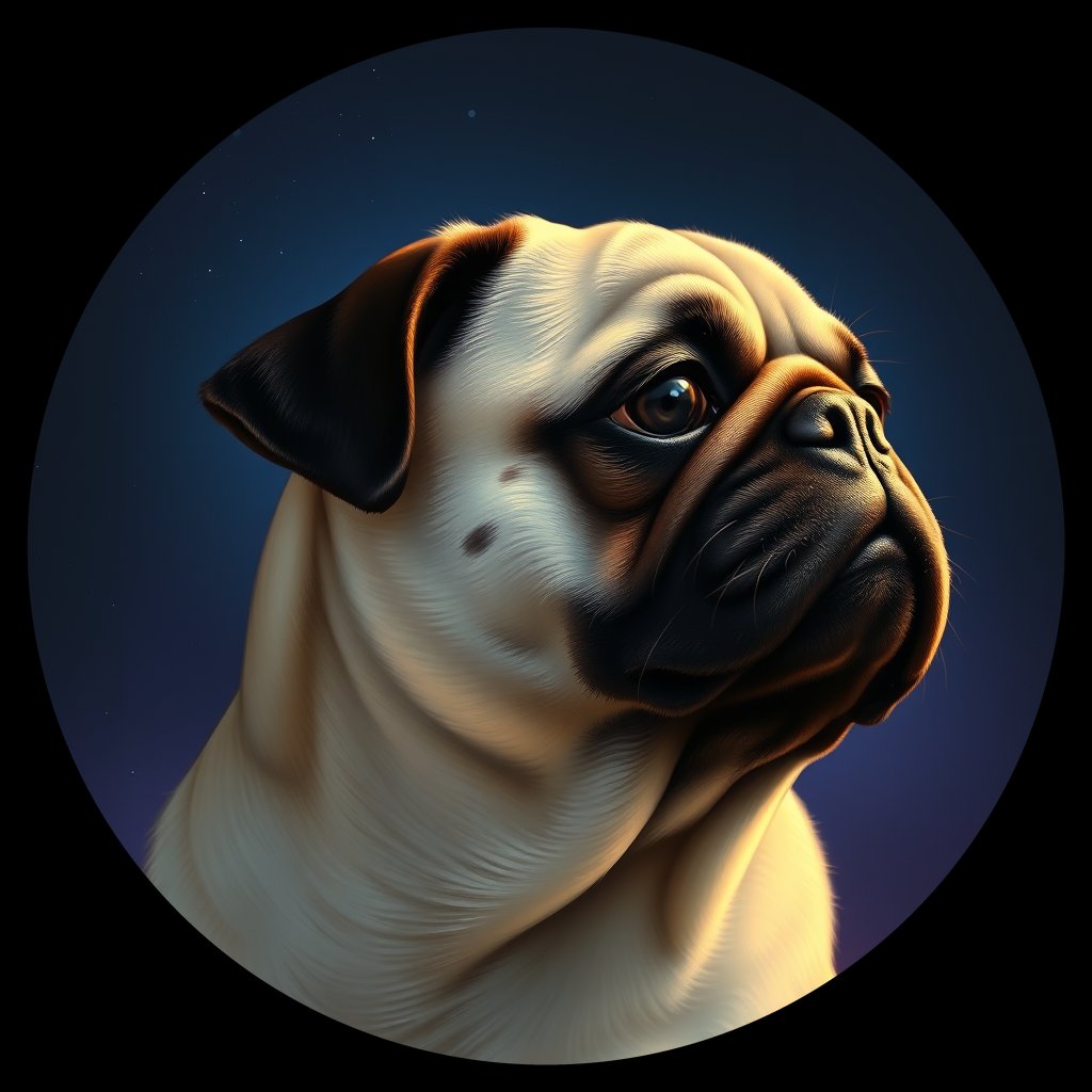 Cosmic medallion portrait of PUG_PUG_001069, a Pug