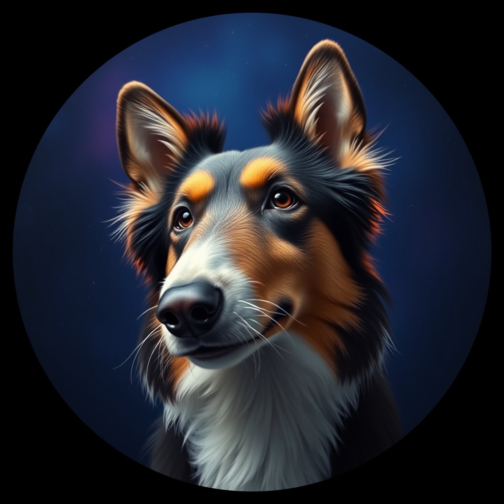 Cosmic medallion portrait of RC_34633_RC_34633, a Rough Collie