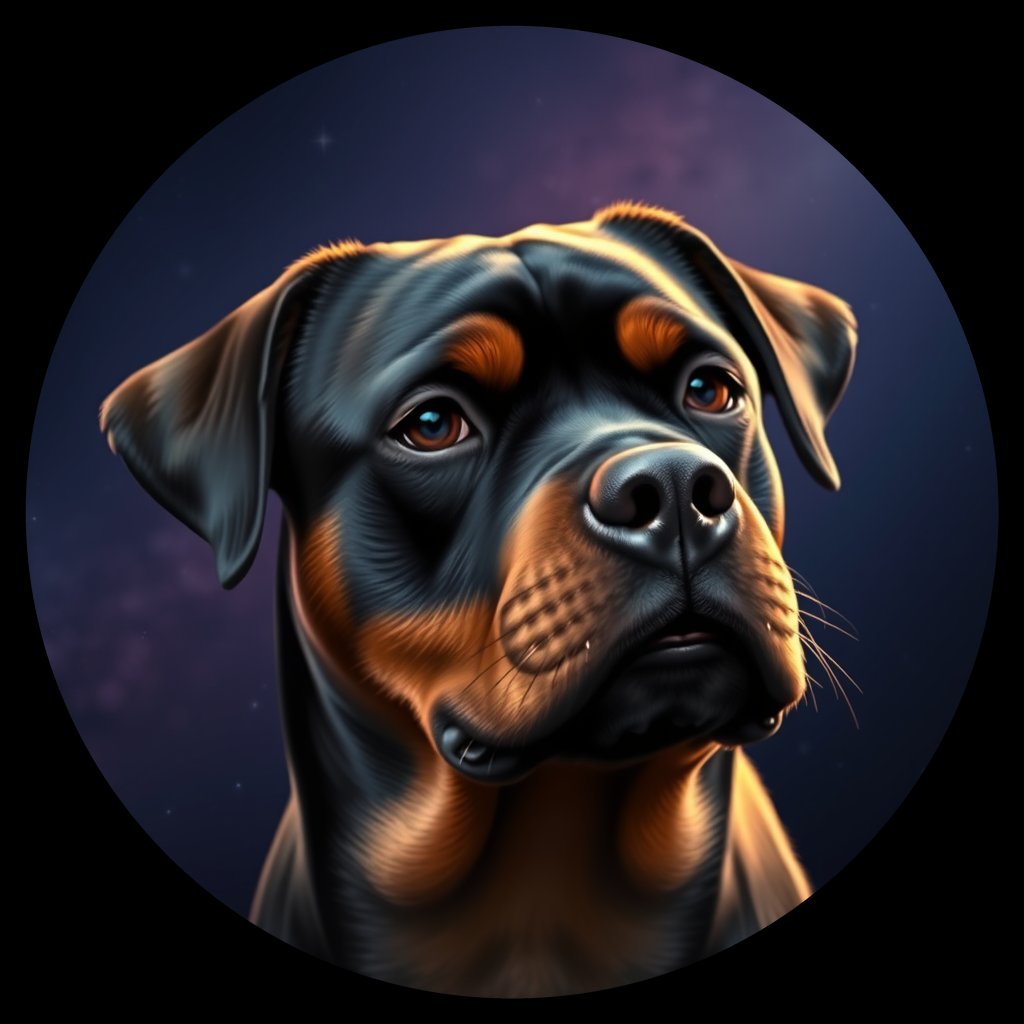 Cosmic medallion portrait of RW_34409_RW_34409, a Rottweiler