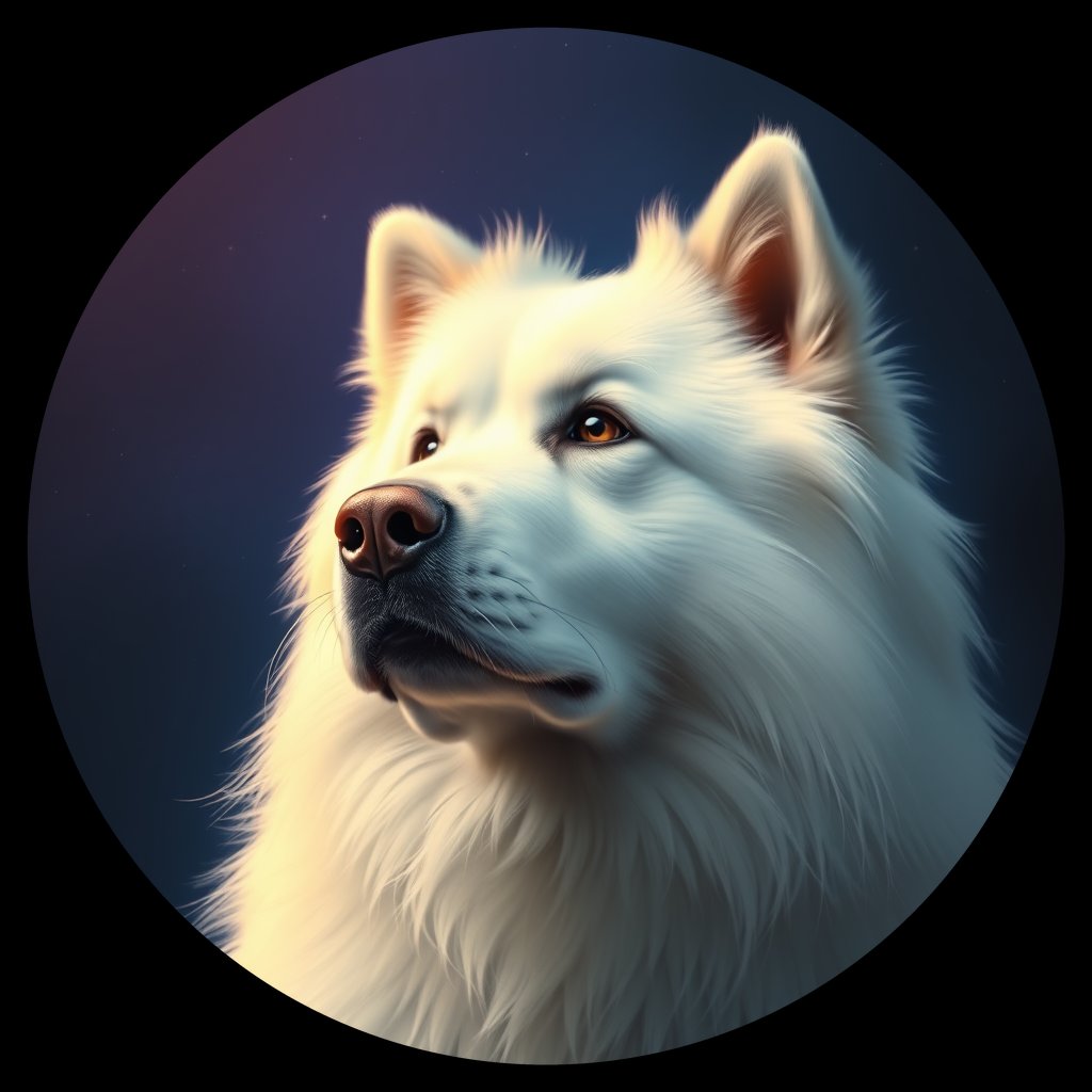 Cosmic medallion portrait of SAMO_SAMO_27205, a Samoyed