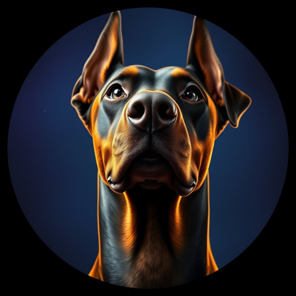 Cosmic medallion portrait of W_Dob_Dob_LU144, a Doberman Pinscher