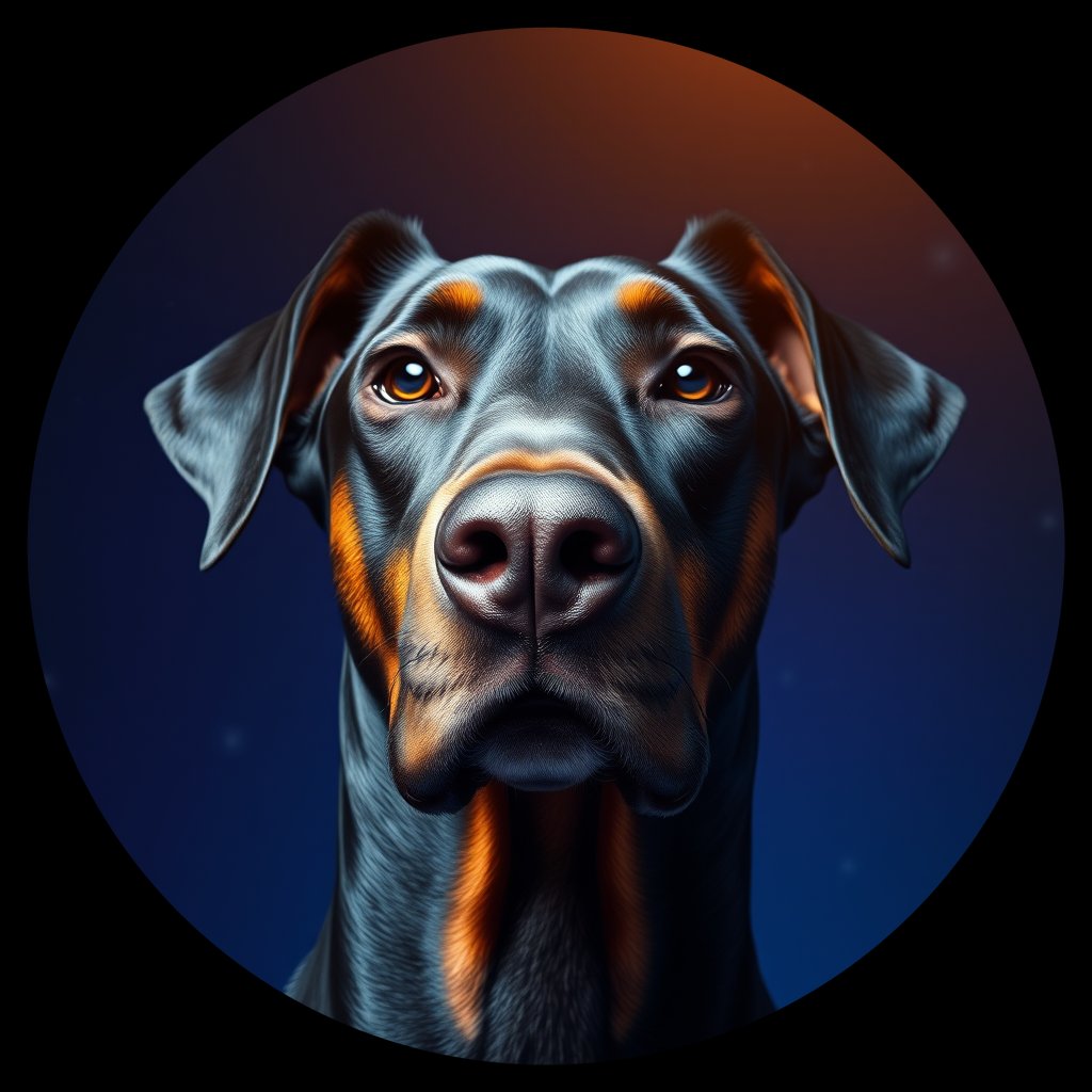 Cosmic medallion portrait of W_Dob_Dob_LU168, a Doberman Pinscher
