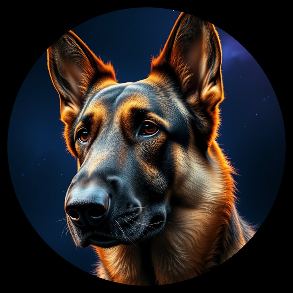 Cosmic medallion portrait of W_GSh_GSh_GT201, a German Shepherd