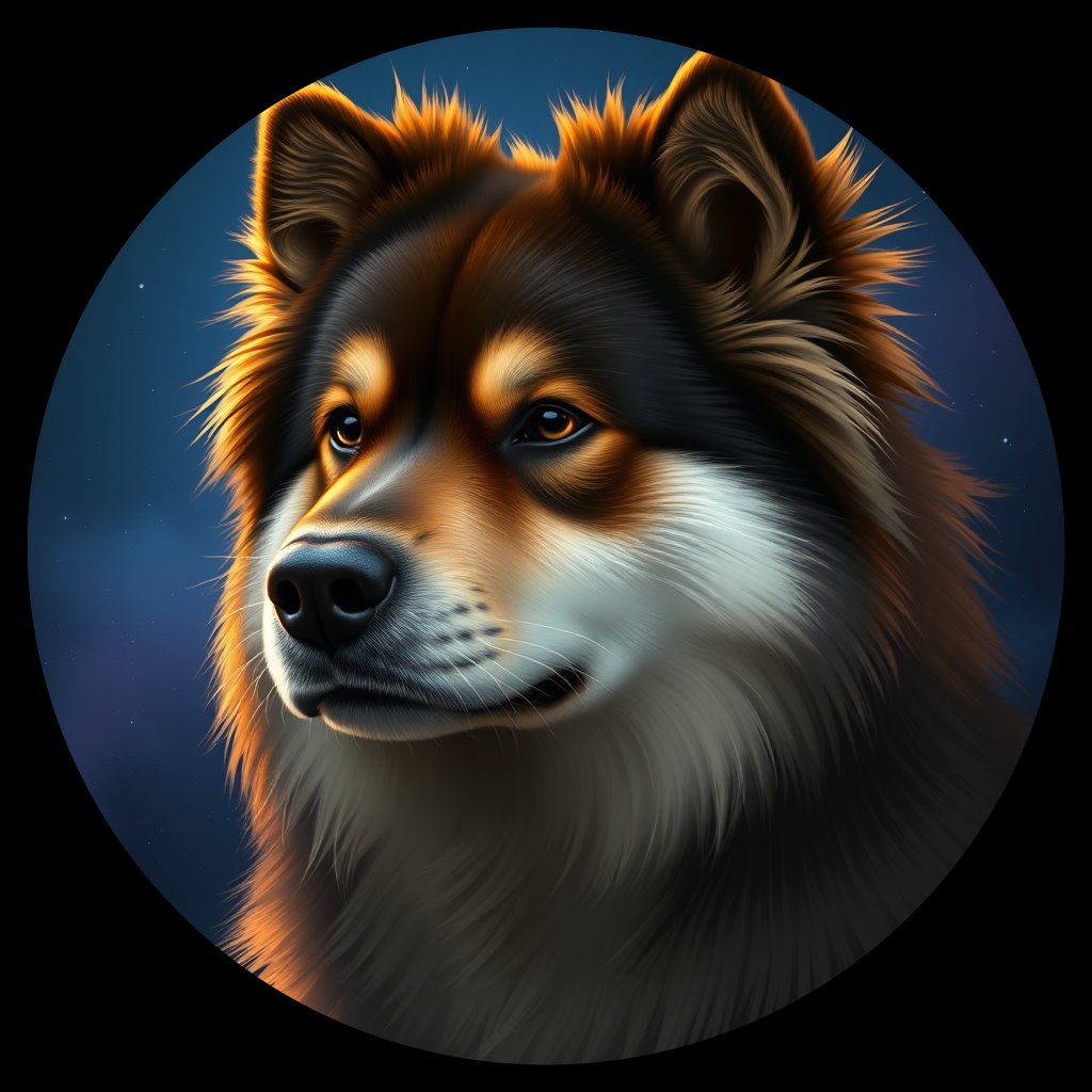 Cosmic medallion portrait of cHD8_365_cHD8_365, a Finnish Lapphund