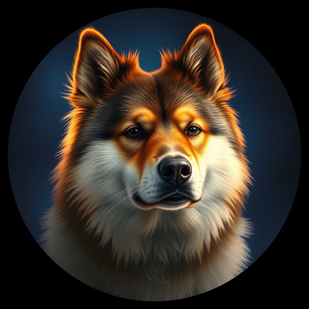 Cosmic medallion portrait of cHD8_366_cHD8_366, a Finnish Lapphund