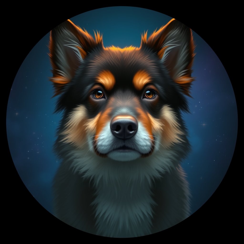 Cosmic medallion portrait of cHD8_370_cHD8_370, a Finnish Lapphund