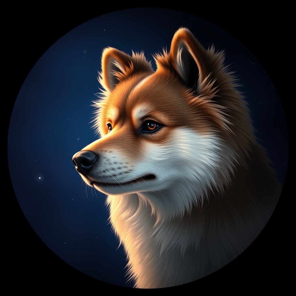Cosmic medallion portrait of cHD8_377_cHD8_377, a Finnish Lapphund