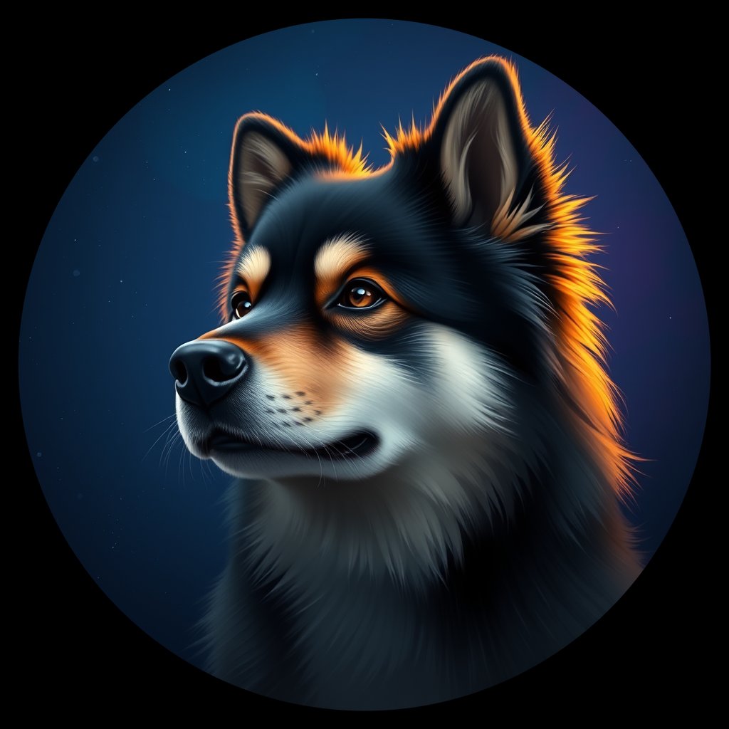 Cosmic medallion portrait of cHD8_379_cHD8_379, a Finnish Lapphund